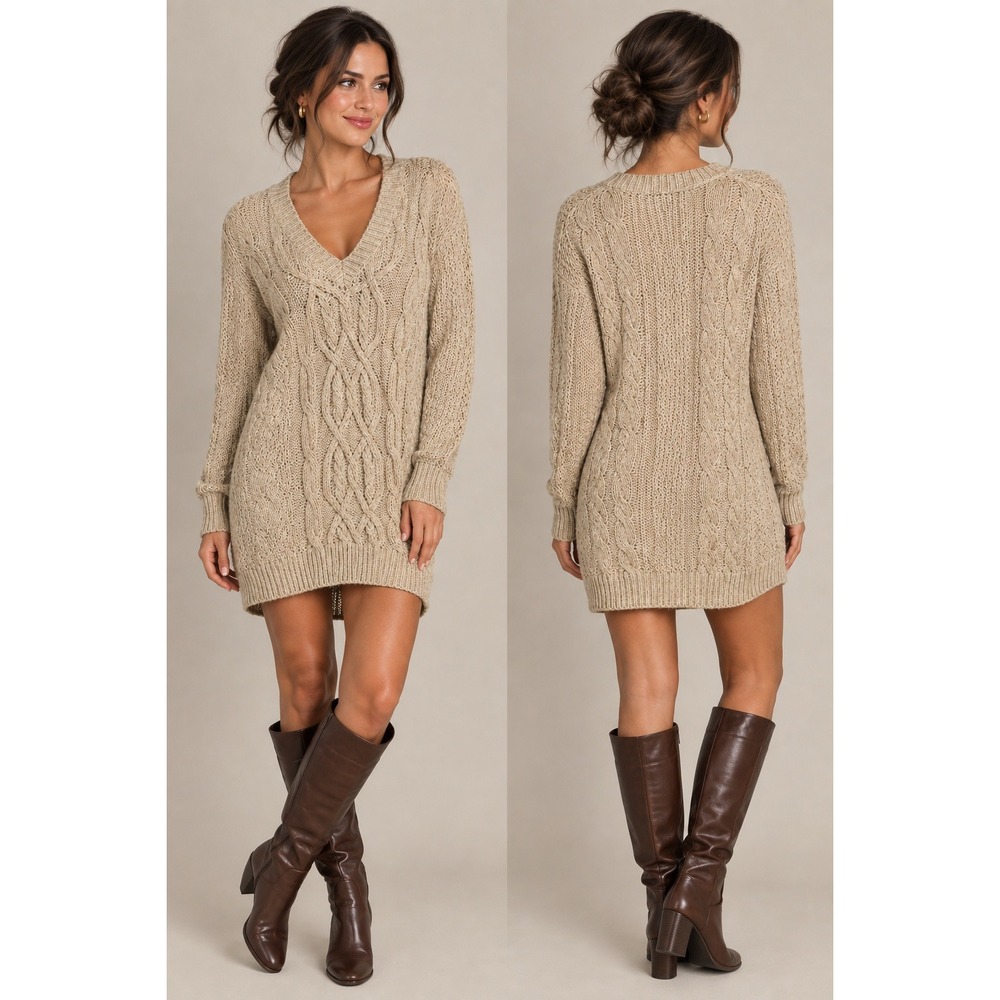 Soft Surroundings Cottagecore Cozy Longline Cream Cable Knit Sweater Dress Med